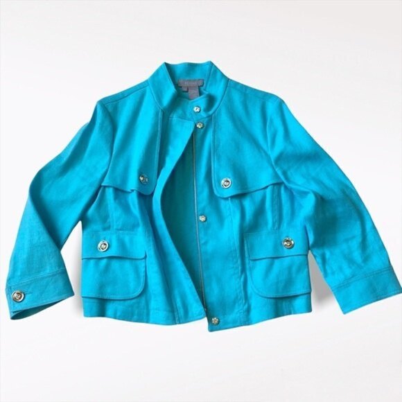 Eccoci Y2K Linen Cotton Blazer Jacket paramilitary cropped sky blue zip up M - Picture 5 of 15